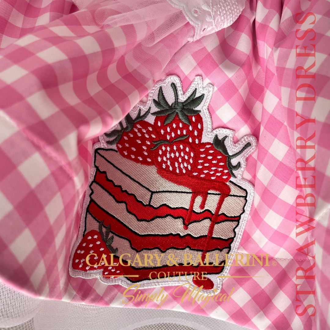 Artisan Berry First Birthday Hand-Embroidered strawberry shortcake Strawberry Details – Close-up of Premium Craftsmanship and 3D Embroidery on Luxury Pink Gingham Birthday Dress, Calgary and Ballerini.