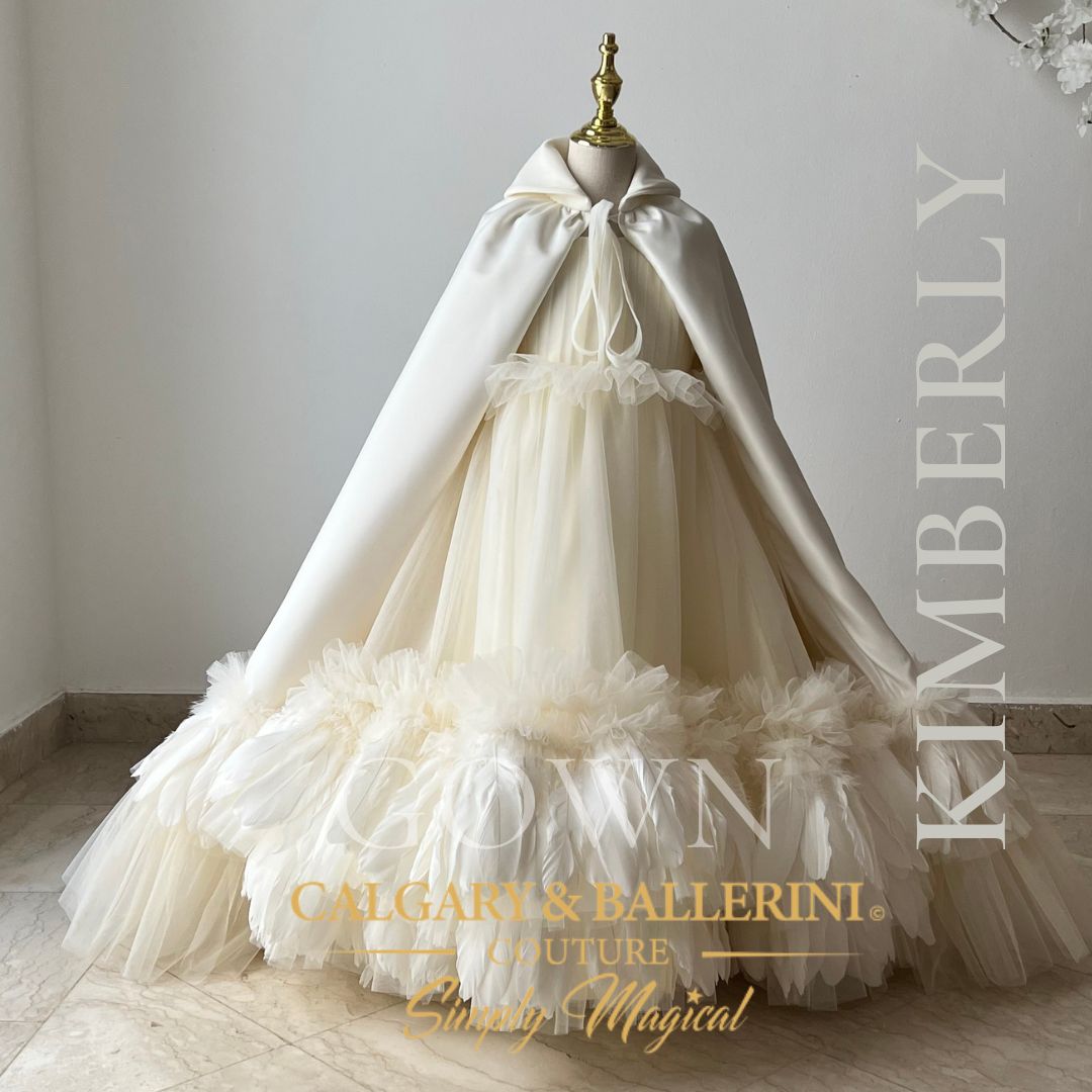 Handmade Catholic First Holy Communion gown, luxury white satin and lace dress for girls, boutique heirloom couture for church milestones, Calgary and Ballerini.