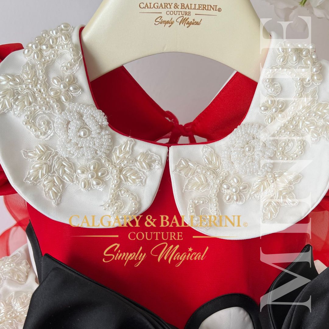 Bespoke Minnie Mouse Birthday Dress featuring Handmade Satin Polka Dots – Close-up of Artisan Embroidery on Luxury Toddler Outfit