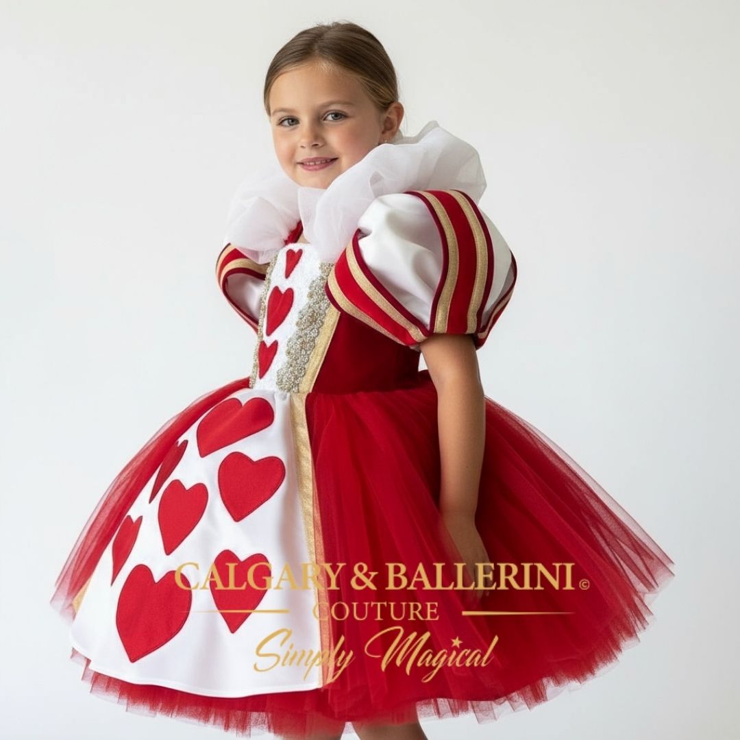 Handmade Queen of Hearts 1st birthday dress, luxury red puffy princess gown with satin collar and sequin details, heirloom birthday party couture for baby girls, Calgary and Ballerini.