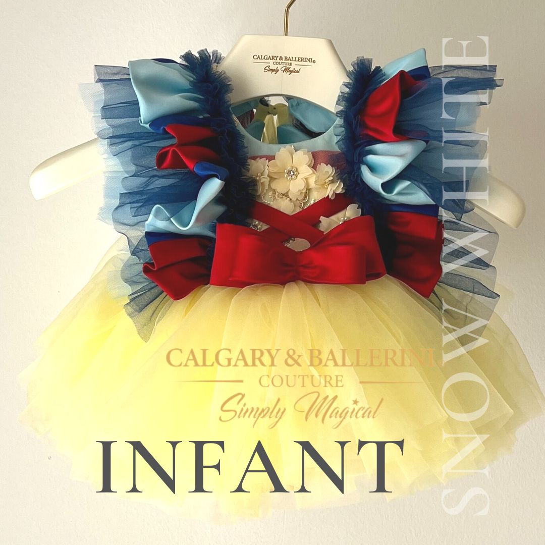 Handmade Snow White flower girl dress, luxury yellow tulle skirt with vintage blue lace bodice, artisan heirloom wedding guest gown for toddlers, Calgary and Ballerini luxury collection.