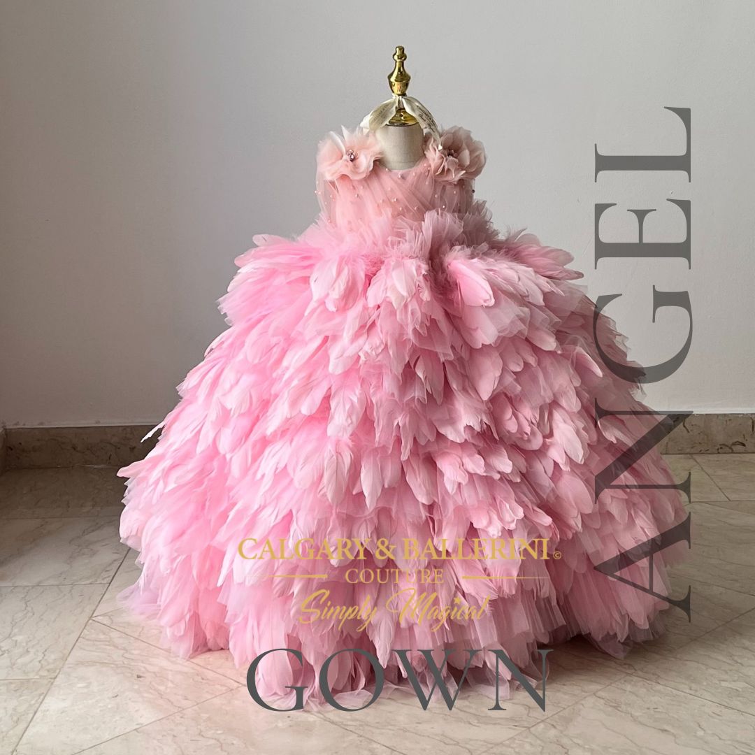 Couture handmade Pink luxury feather dress for toddler birthday, handmade puffy couture gown with goose feathers, Calgary and Ballerini
