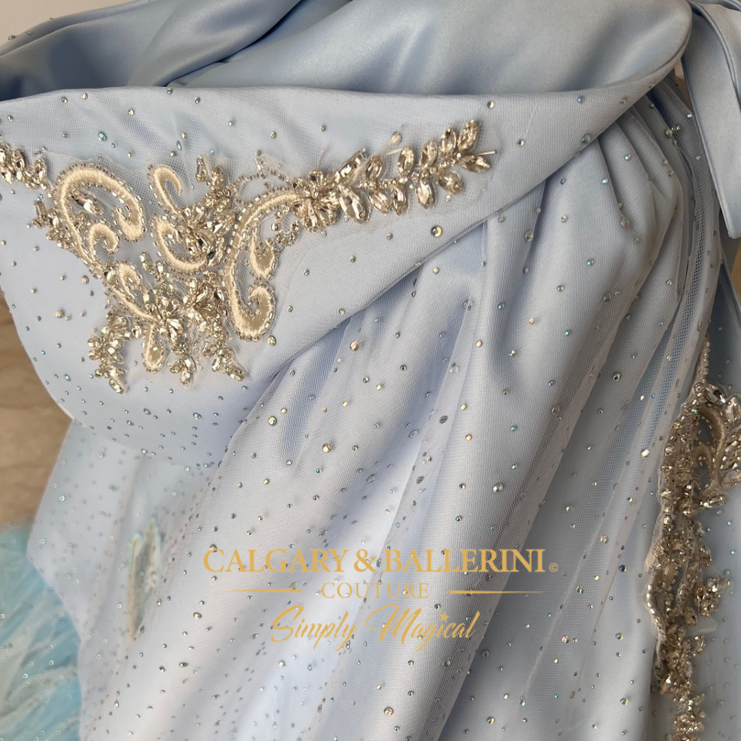 order Heirloom frozen ice blue snow queen princess ball gown, luxury handmade ice blue dress with silver snowflake lace and crystal embellishments, boutique milestone birthday couture, Calgary and Ballerini