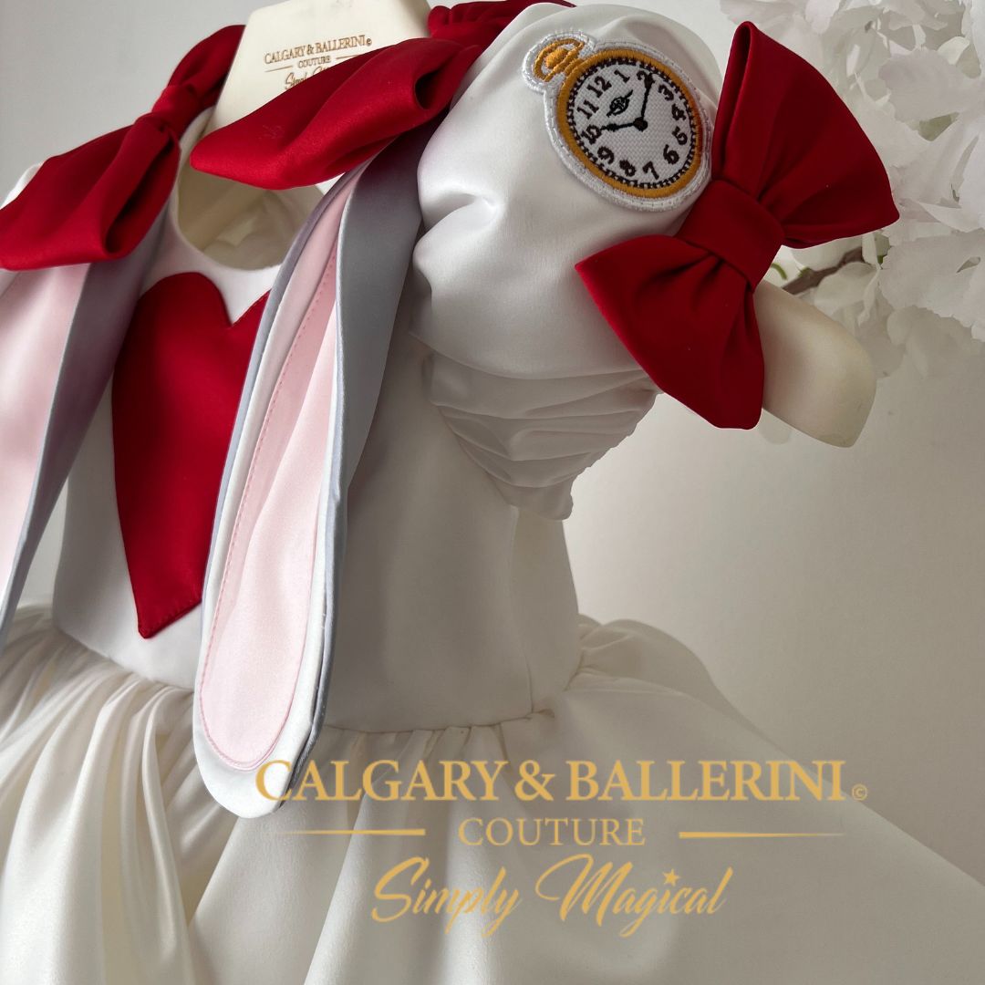 Heirloom White Rabbit Alice in Wonderland luxury dress, handmade white satin princess gown with red hearts and bunny ears, designer birthday couture for children, Calgary and Ballerini.