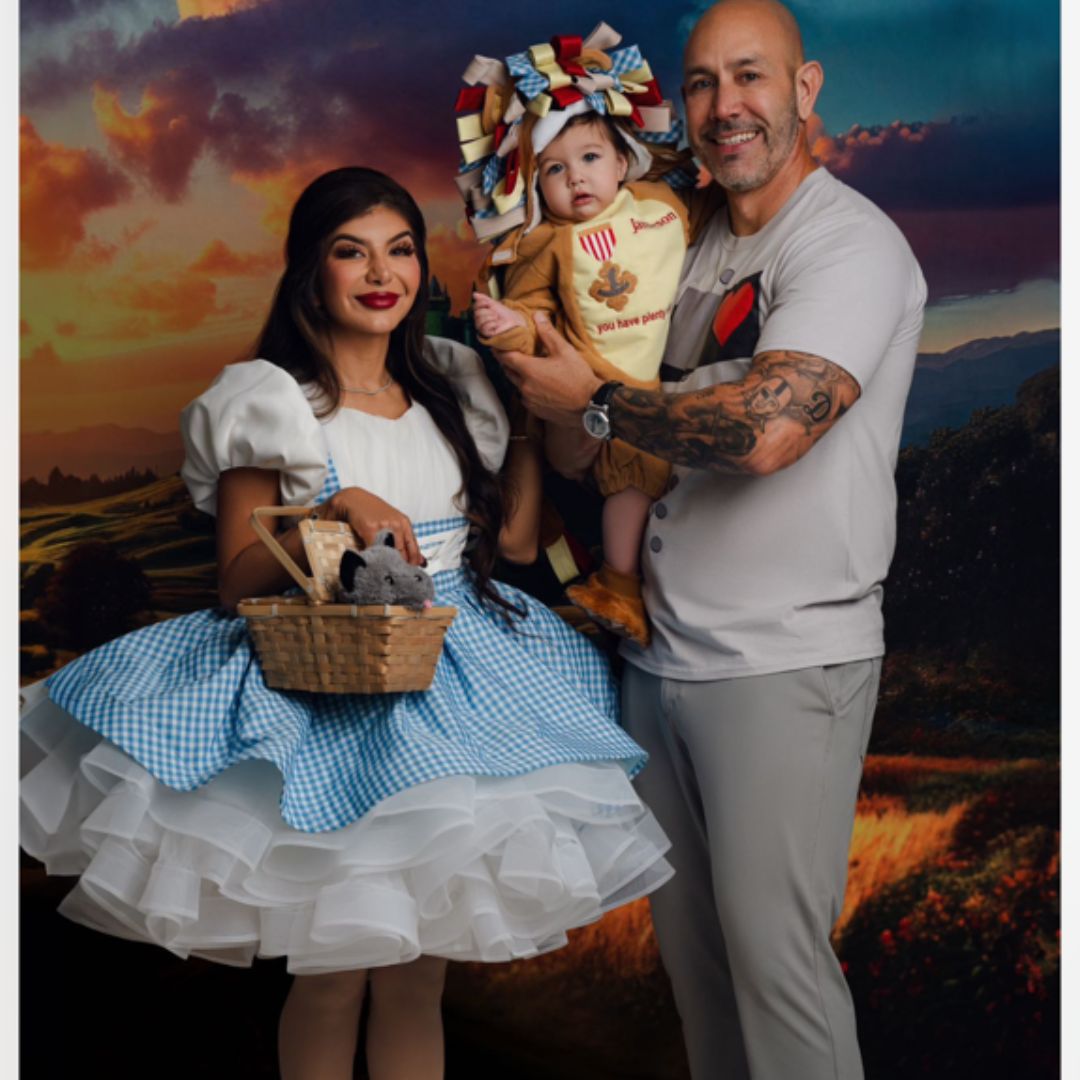 Order bespoke blue gingham Dorothy first birthday matching dresses, artisan handcrafted with storybook character embroidery for luxury celebrations.