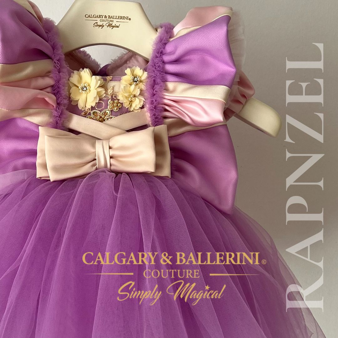 Infant Rapunzel princess purple dress Baby girl Rapunzel couture dress, luxury handmade lavender lace princess gown with trailing floral vines, ethereal tulle birthday outfit, Calgary and Ballerini designer collection.