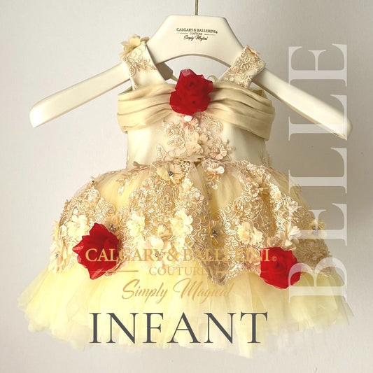 Disney Princess Belle couture costume for toddlers  yellow lace dress with red roses