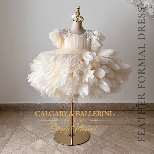 Elegant ivory feather dress for toddlers and girls with feather details