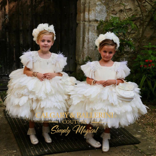 Luxury ivory feather dress for girls  