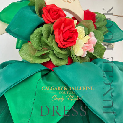 Luau Outfit  front bodice view green bodice  Luau Outfit with roses and flower leaves on body