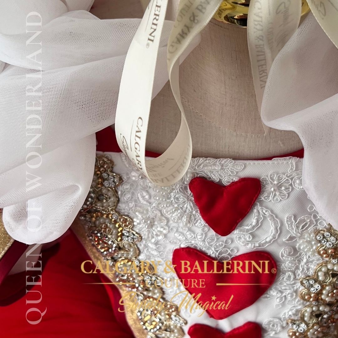 Luxury Alice in Wonderland Queen of Hearts couture dress, handmade red hearts puffy sleeve princess gown with gold lace and satin collar, boutique heirloom party dress, Calgary and Ballerini