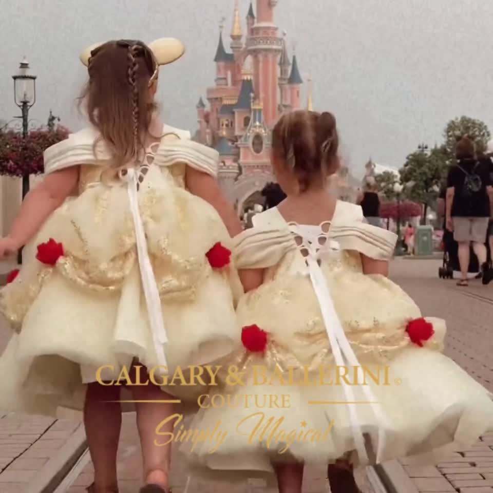 Luxury birthday party Belle Princess Gown – Back View featuring Adjustable Corset and Large Coquette Satin Bow for Girls Royal Birthday Celebrations, Calgary and Ballerini.
