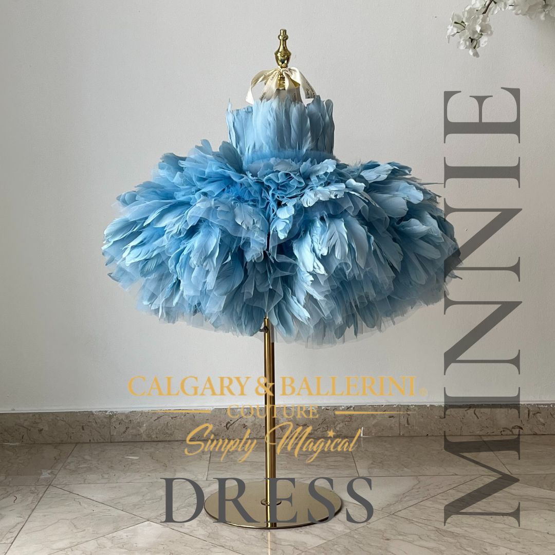 Luxury blue flower girl dress with feather skirt and rhinestones