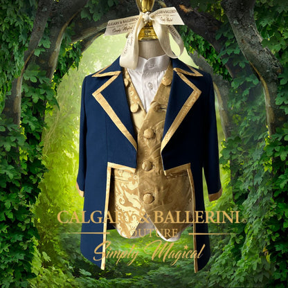 shop Luxury boys Beast Prince royal blue velvet suit, hand-tailored 5-piece gala ensemble with gold embroidery and lace trim, artisan birthday couture for boys, Calgary and Ballerini.