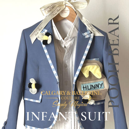 Buy this high-end boys first birthday suit in the Christopher Robin style, luxury heirloom quality with 3D honey bee details by Calgary and Ballerini