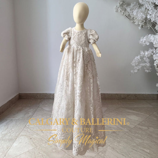 Luxury christening gown for baby girl with extra-long lace design