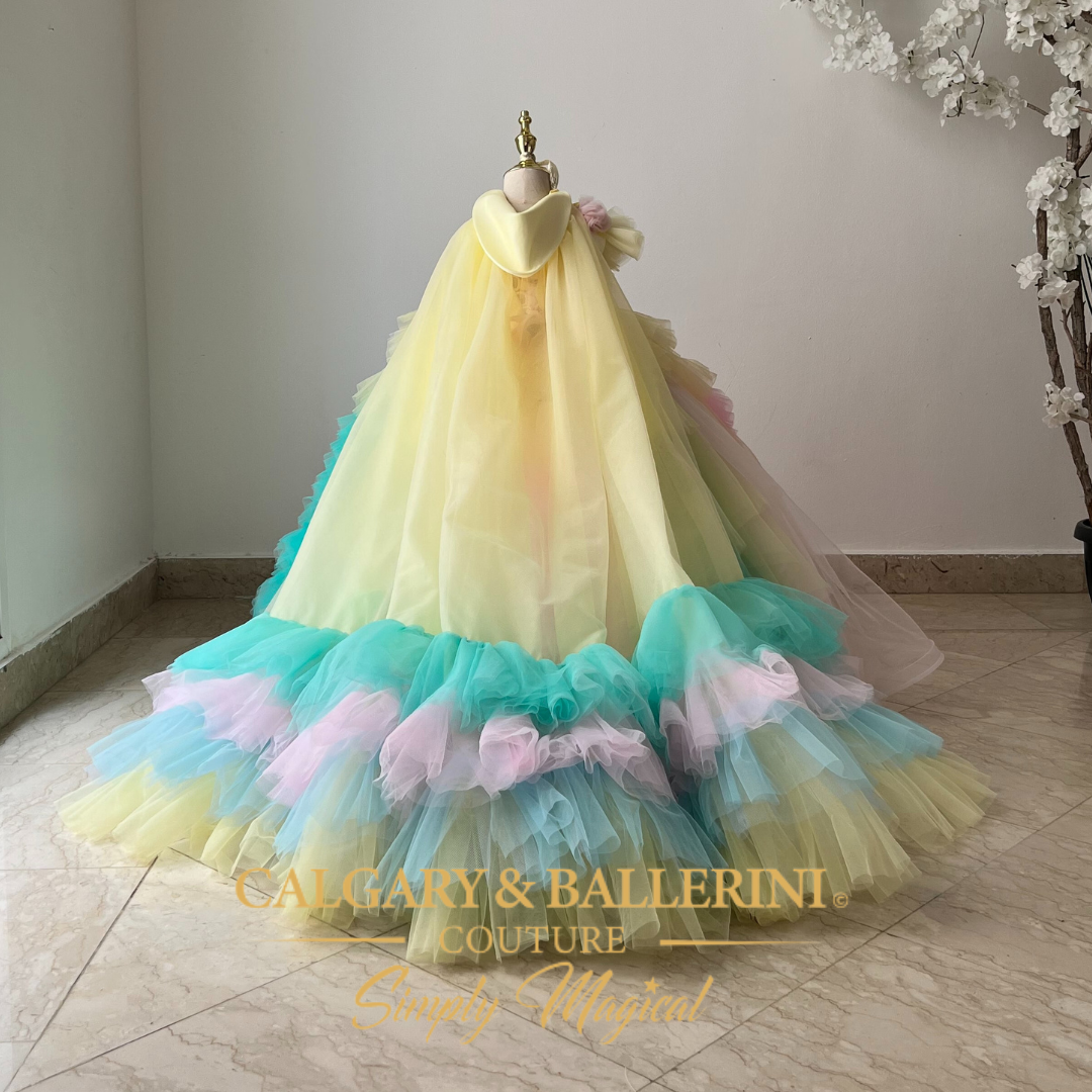 Luxury Easter dress for girls, featuring multicolored layers of tulle and a princess cape.