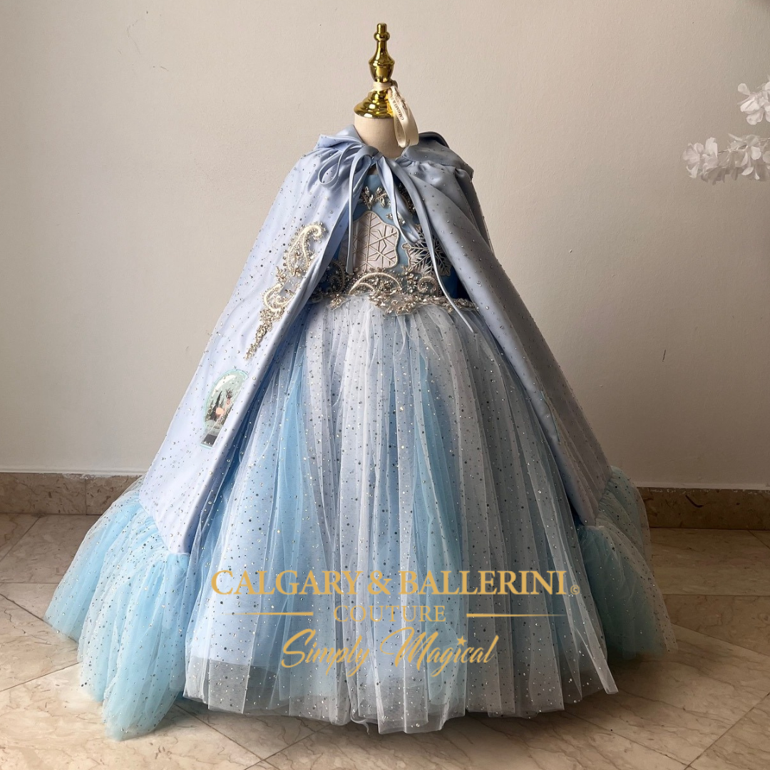 buy Luxury Frozen inspired snow queen gala dress for girls, handmade ice blue princess ball gown with snowflake lace and crystal accents, artisan birthday couture, Calgary and Ballerini.