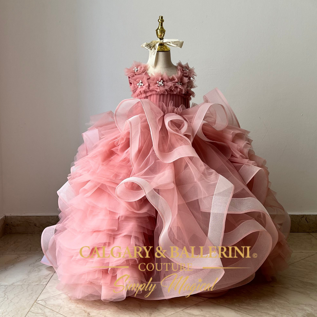 Luxury Glinda the Good Witch inspired birthday gown, handmade iridescent pink tulle princess dress with sparkling butterfly accents and puffy sleeves, heirloom couture, Calgary and Ballerini.