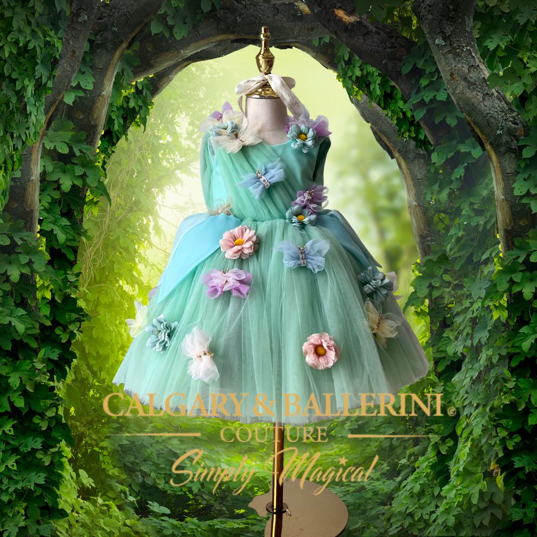 Luxury mint green Thumbelina birthday dress, handmade light mint tulle gown with satin petals and butterflies, woodland fairy flower girl couture, Calgary and Ballerini.