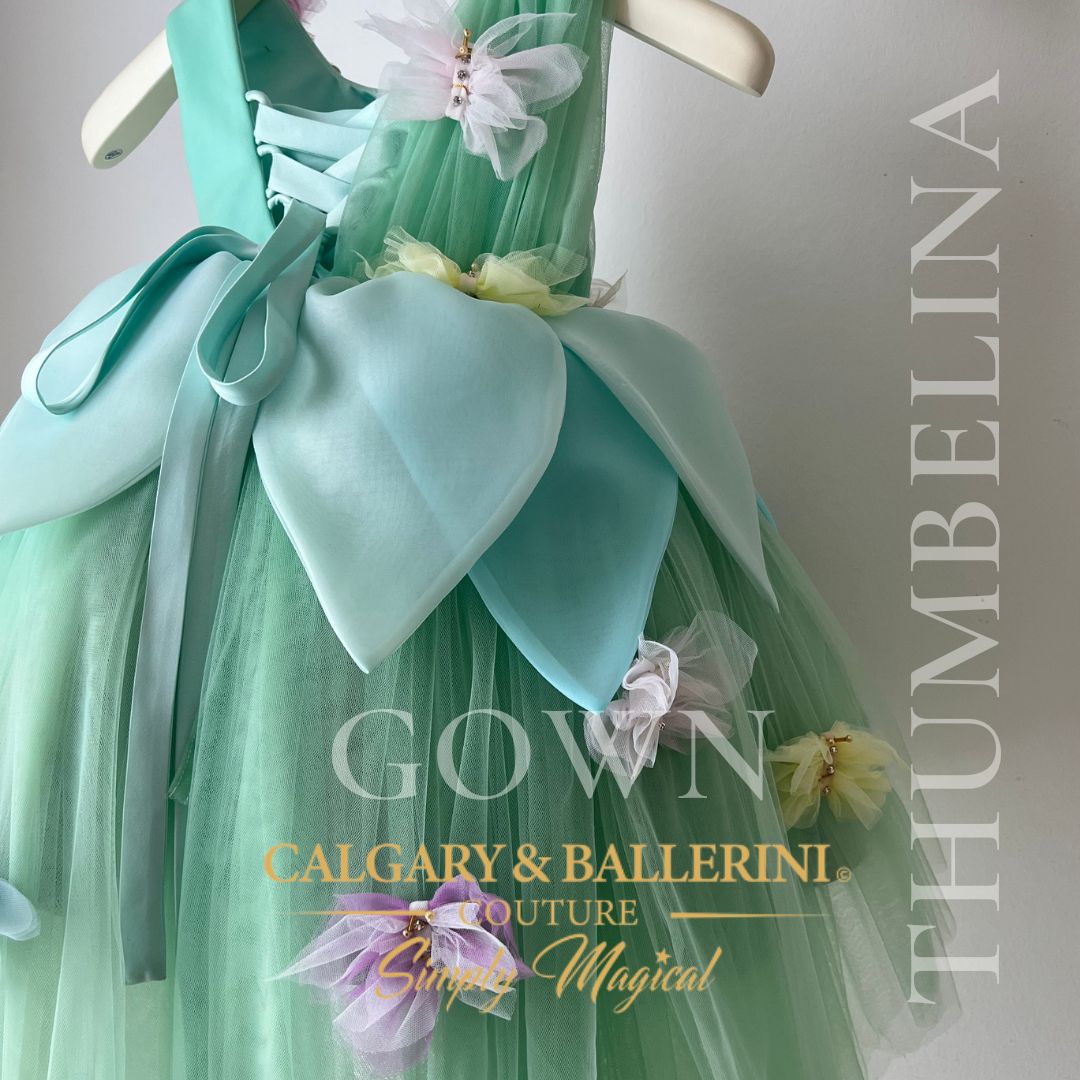 Luxury mint tulle fairytale gown with 3D butterflies and satin petals, handmade flower girl birthday dress, boutique milestone portrait couture, Calgary and Ballerini