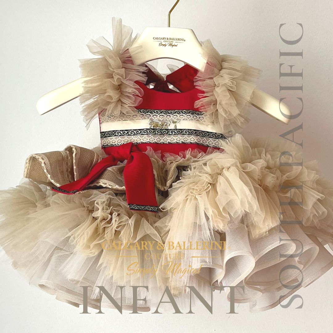 Shop our luxury Mommy and Me matching Luau birthday outfits for a high-end tropical theme party, handcrafted couture by Calgary and Ballerini.