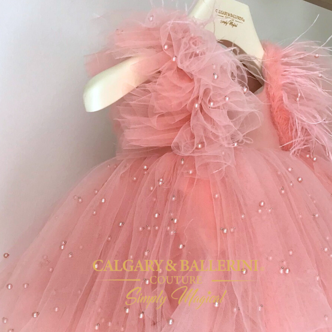 Shop Vogue-Worthy Saint-Tropez Peach Pearl Feather Gown for Baby Girls Size 2