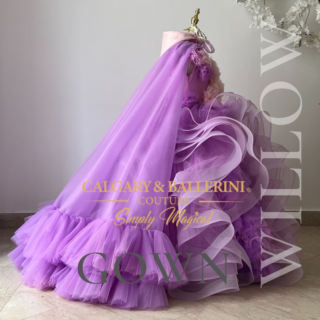 Luxury purple ball gown with handmade ruffles and horsehair braid cape