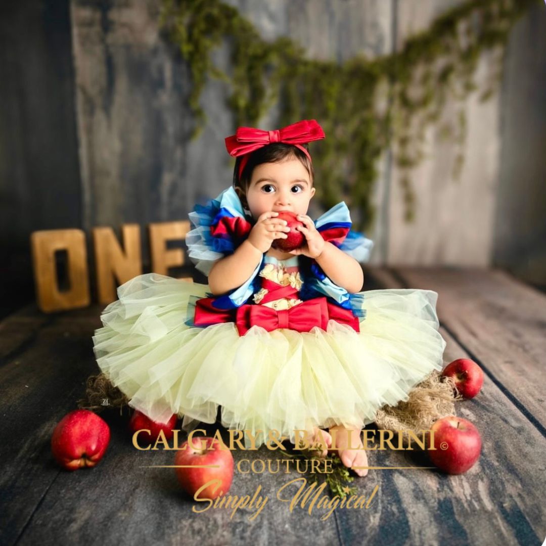 Luxury Snow White dress for infants with red bow details