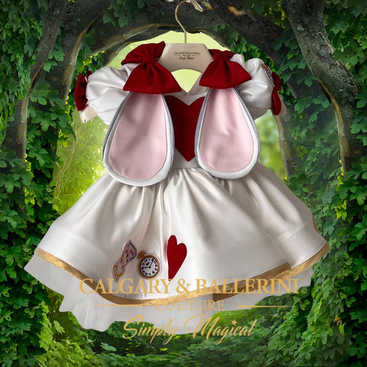 Luxury White Rabbit birthday dress for girls, handmade white satin gown with red hearts and bunny ears, puffy satin sleeves and tiered tulle ruffle skirt, Calgary and Ballerini.
