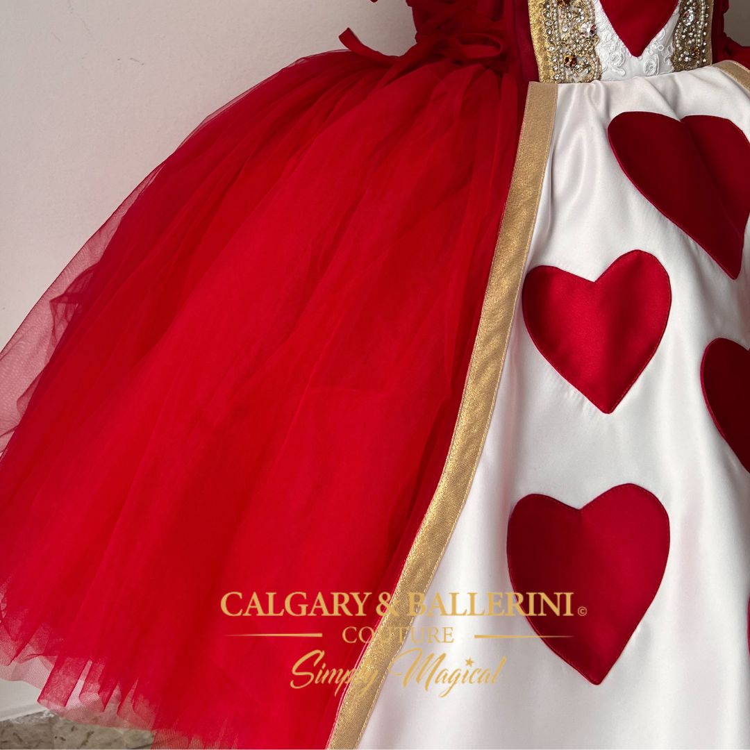 shop mommy and me matching birthday party outfits. Queen of Hearts Voluminous Princess Dress – Luxury Handmade Birthday Couture with Artisan Heart Details and Puffy Sleeves, Calgary and Ballerini.