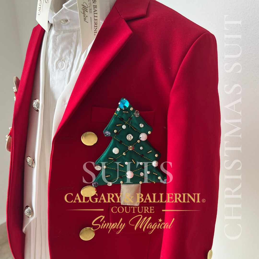 Children’s Christmas suit with decorative gingerbread and rhinestones
