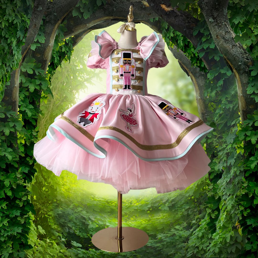 Girls Couture Nutcracker Gown pink and gold full front view $799