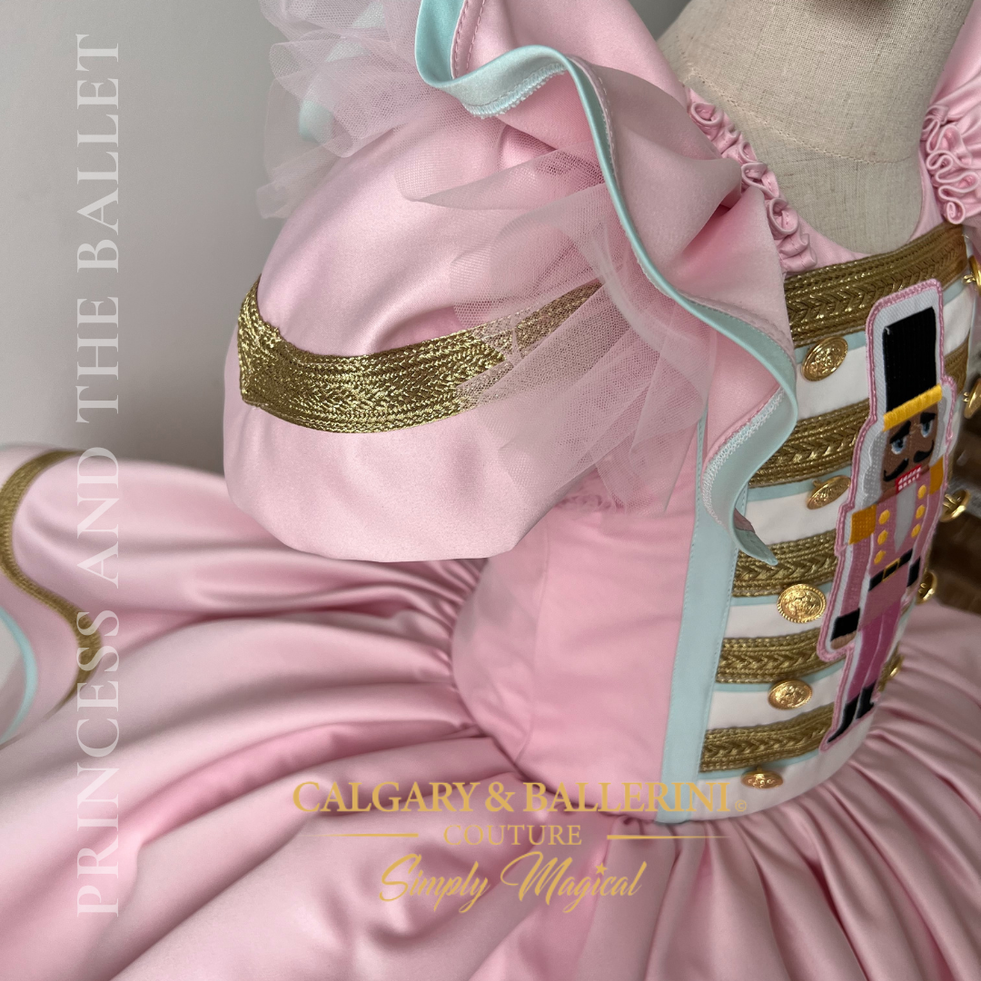 pink satin puff sleeves with gold braid 