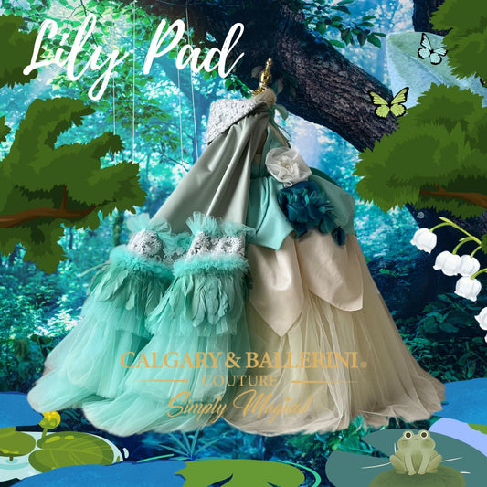 Order a bespoke Tiana inspired ball gown with a structured petal skirt and matching cape, luxury heirloom couture by Calgary and Ballerini.