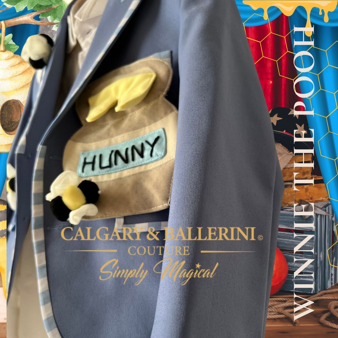 Order a bespoke Christopher Robin birthday suit for toddler boys, artisan handcrafted 3-piece set with 3D bees for storybook themed celebrations.