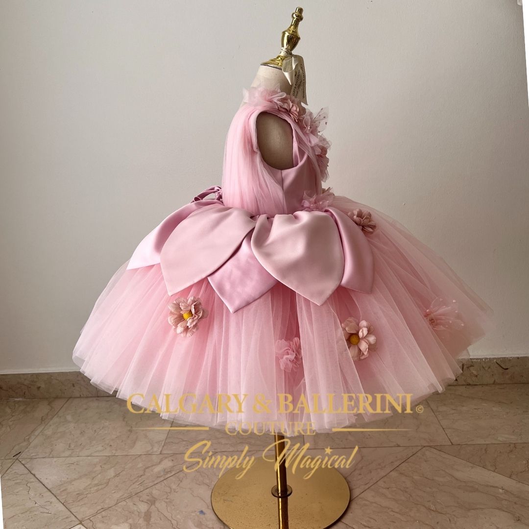 Pink satin petal toddler birthday dress, luxury handmade Thumbelina inspired princess gown with butterflies, heirloom tulle couture for girls, Calgary and Ballerini.