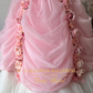 princess dress in pink tulle with Victorian-inspired design, featuring roses and floor-length cape 