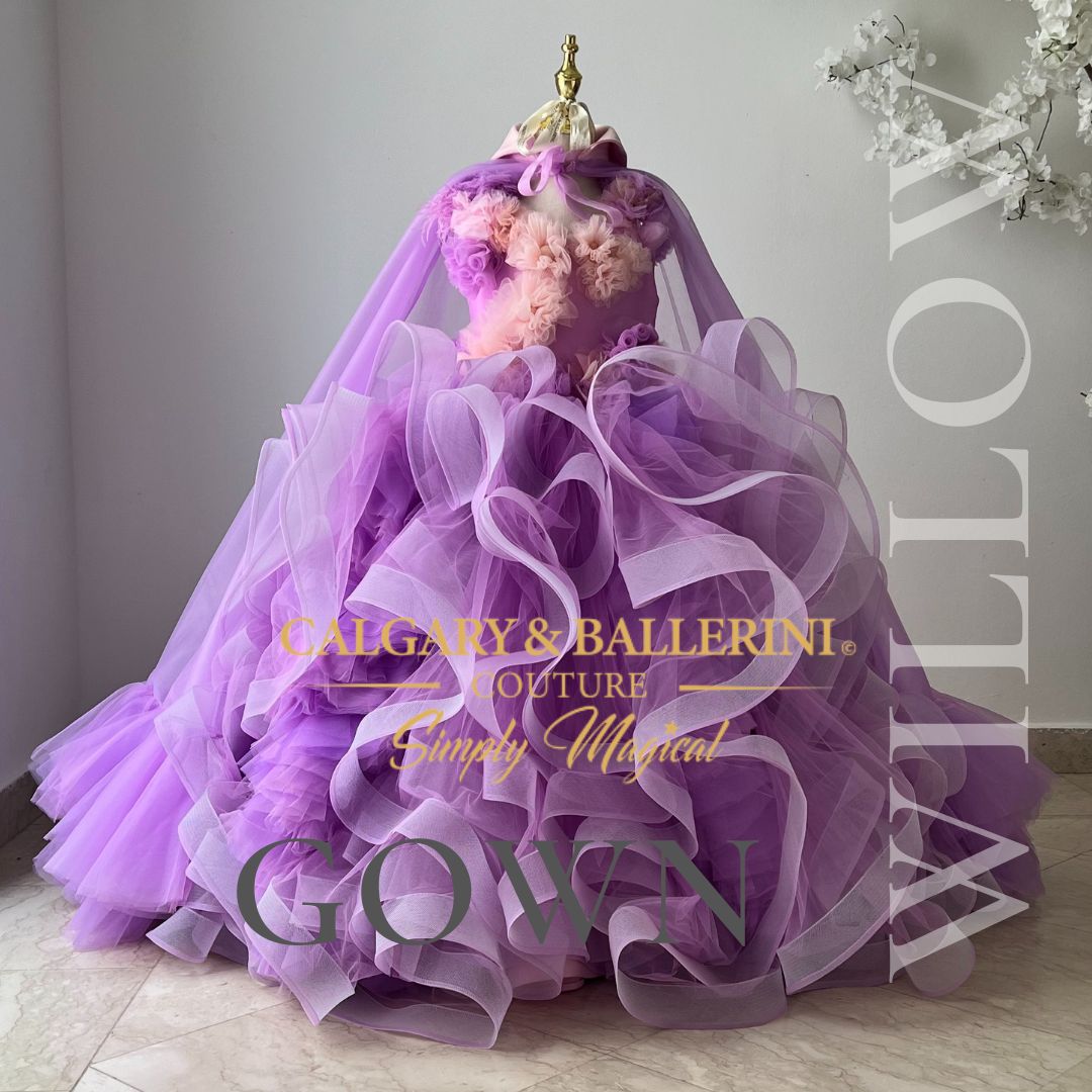 Purple flower girl dress with luxury floor-length cape for weddings and events.