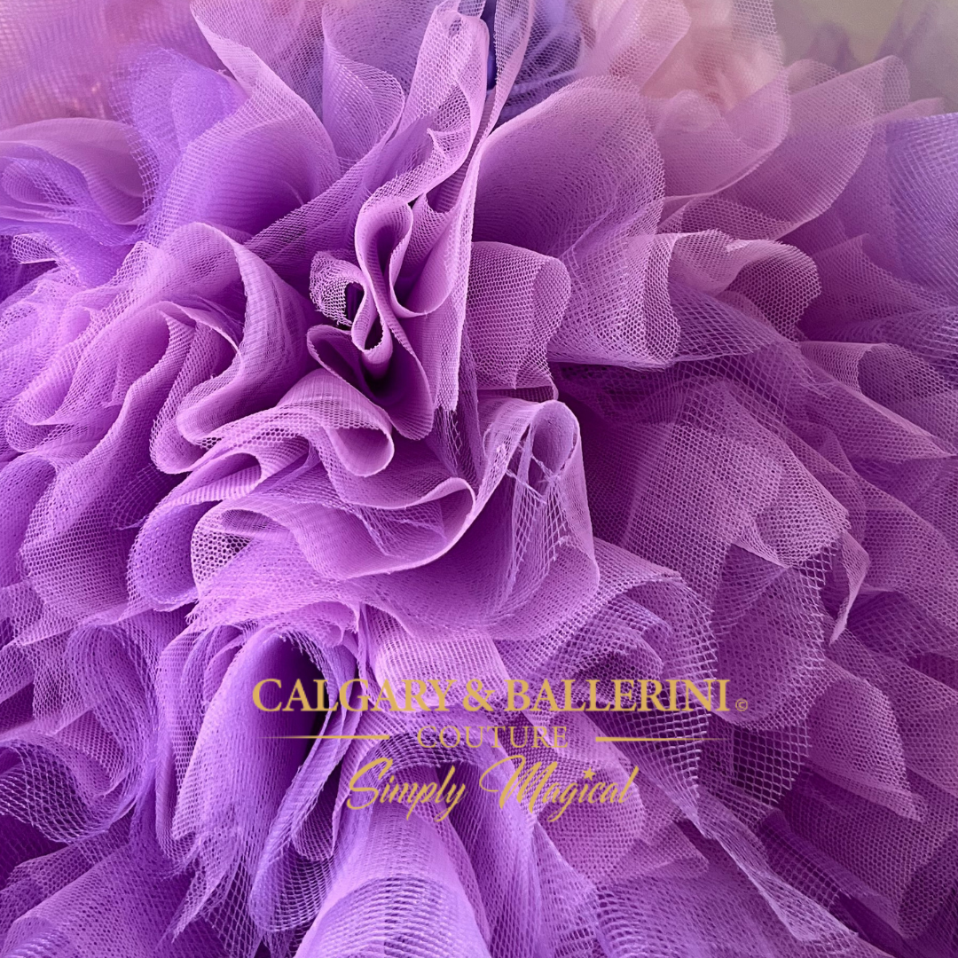 purple tulle ruffle details on skirt 