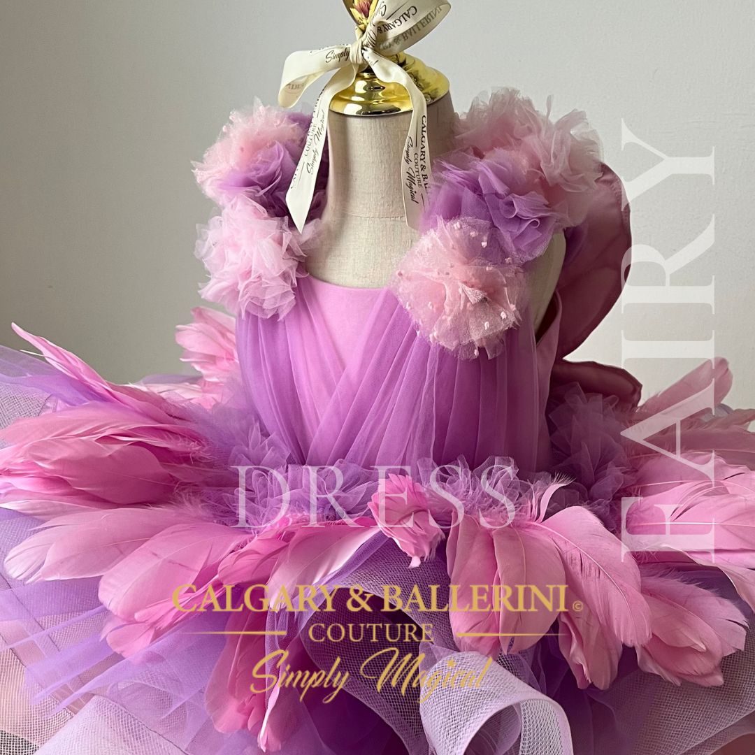 bodice side view of pleated tulle bodice with feather skirt purple fairy dress