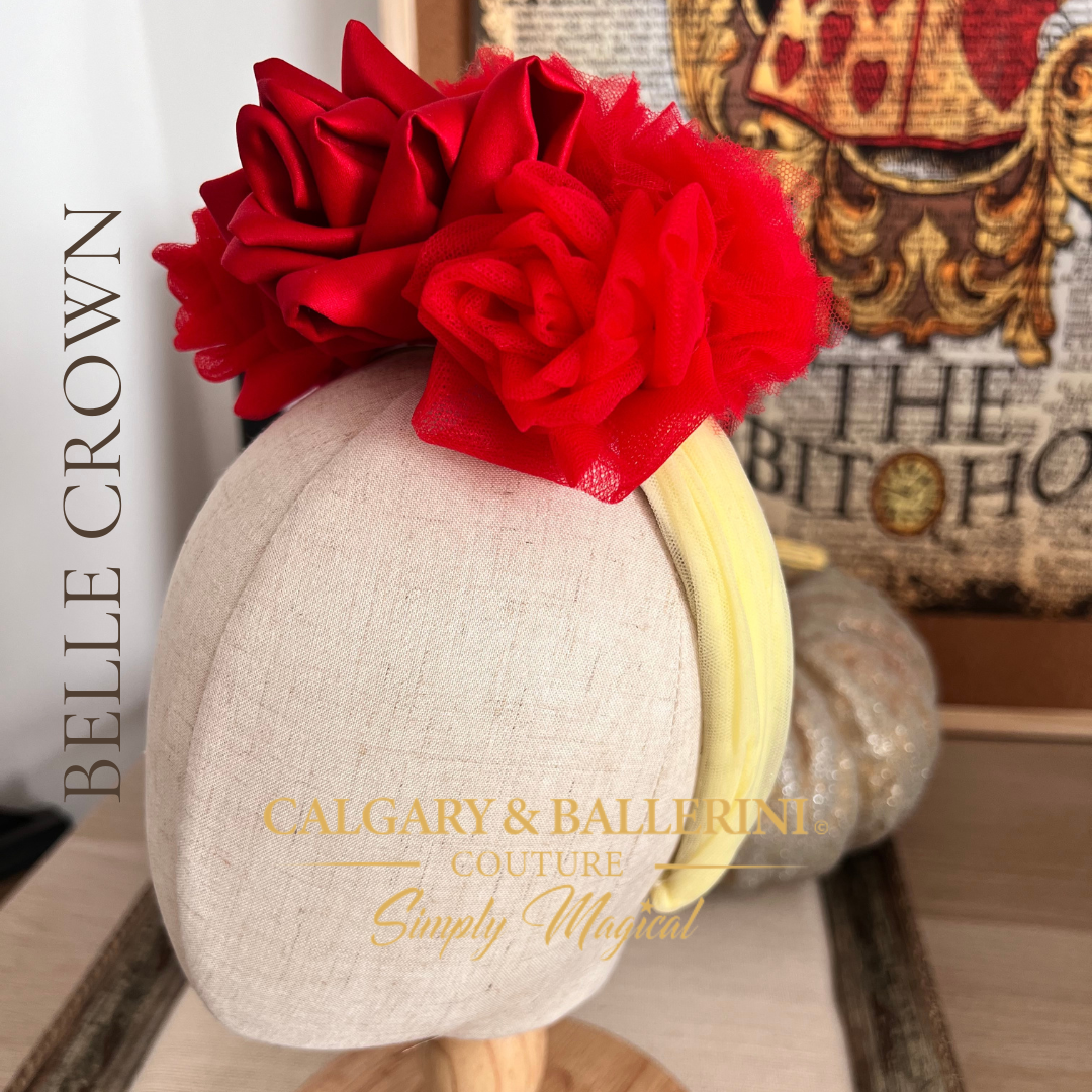 Handcrafted red rose headband for fairytale-themed events
 