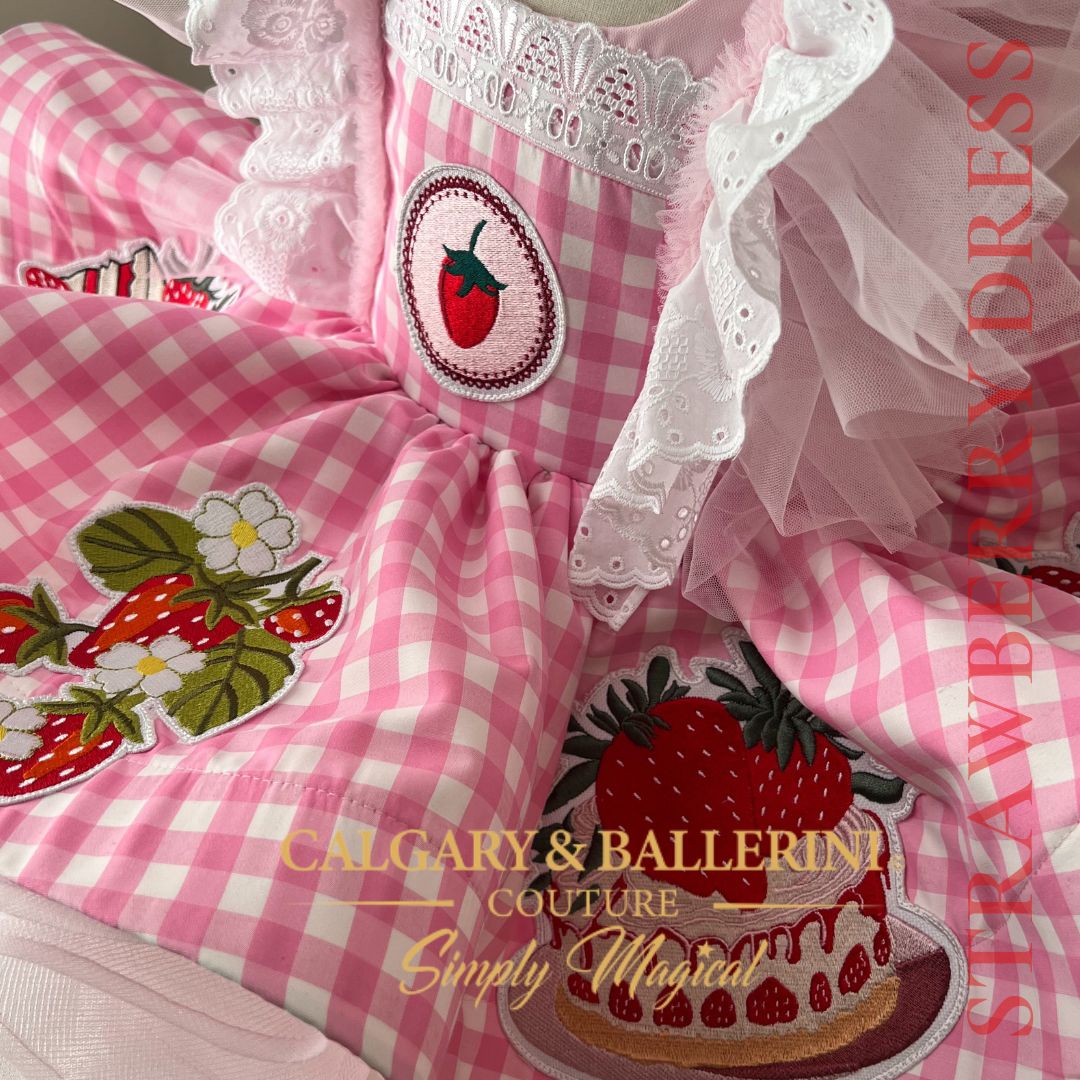 Shop Berry First Birthday Luxury Gingham Dress – strawberry shortcake Bespoke Pink Checkered Princess Gown with Artisan Strawberry Embroidery for High-End Milestone Parties, Calgary and Ballerini.