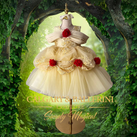 Shop Yellow Coquette Princess Dress – Bespoke French Lace Birthday Gown with Delicate Red Roses and Coquette Ribbon Details for High-End Galas, Calgary and Ballerini.