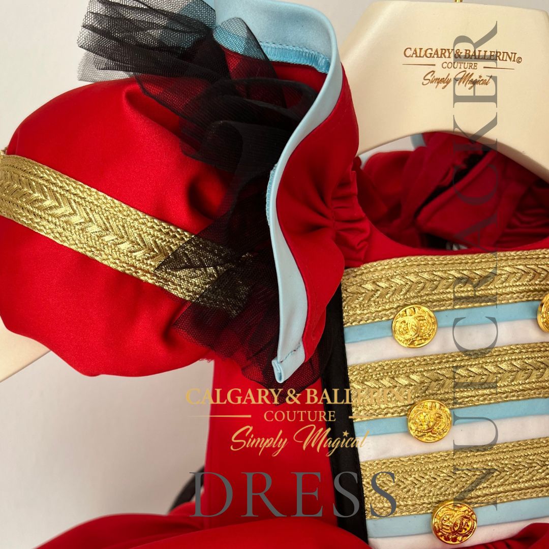 buy holiday dress red with gold trim and bodice with gold trim ad gold buttons 