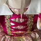 Hand-applied rhinestones on pink and gold Sleeping Beauty dress for girls ages 1 to 16