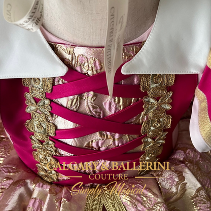 Hand-applied rhinestones on pink and gold Sleeping Beauty dress for girls ages 1 to 16