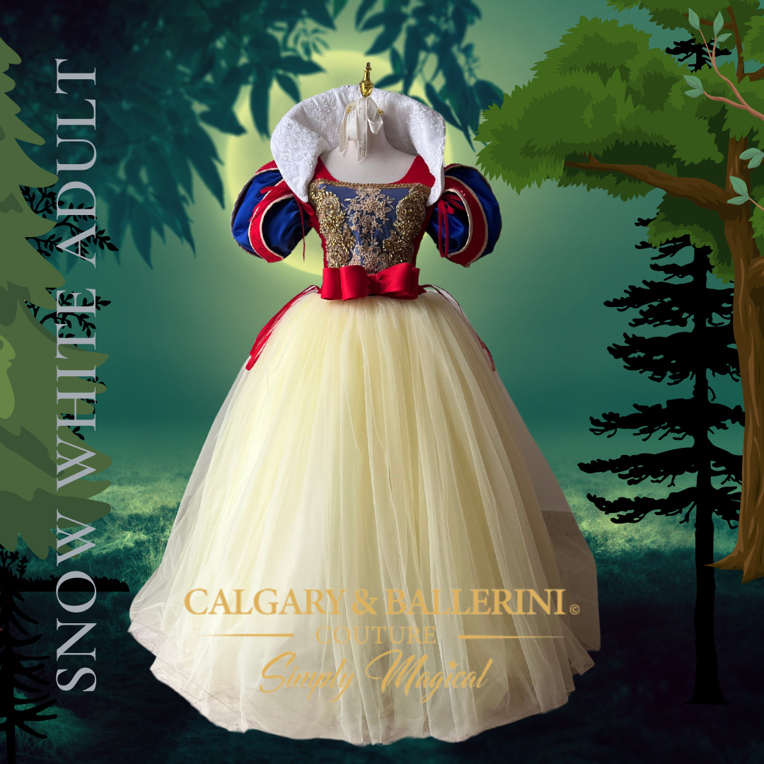 Snow White ball gown for adults with cape and embroidery