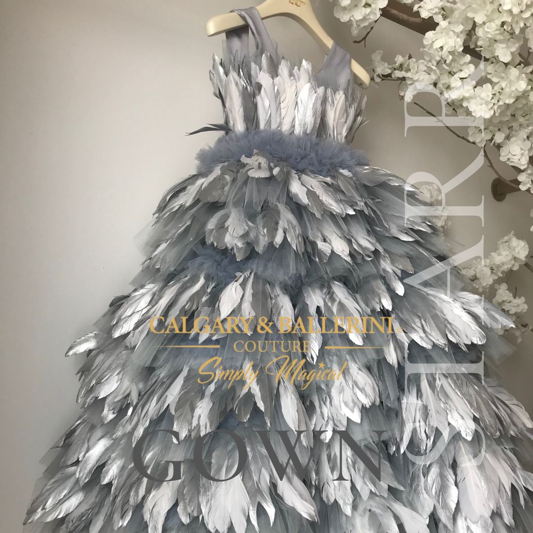 silver feather prom dress
