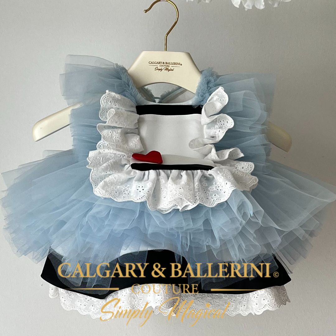 Buy Storybook Wonderland Inspired Toddler Birthday Dress – Premium White Apron and Blue Lace Couture for Tea Party Themes, Calgary and Ballerini.